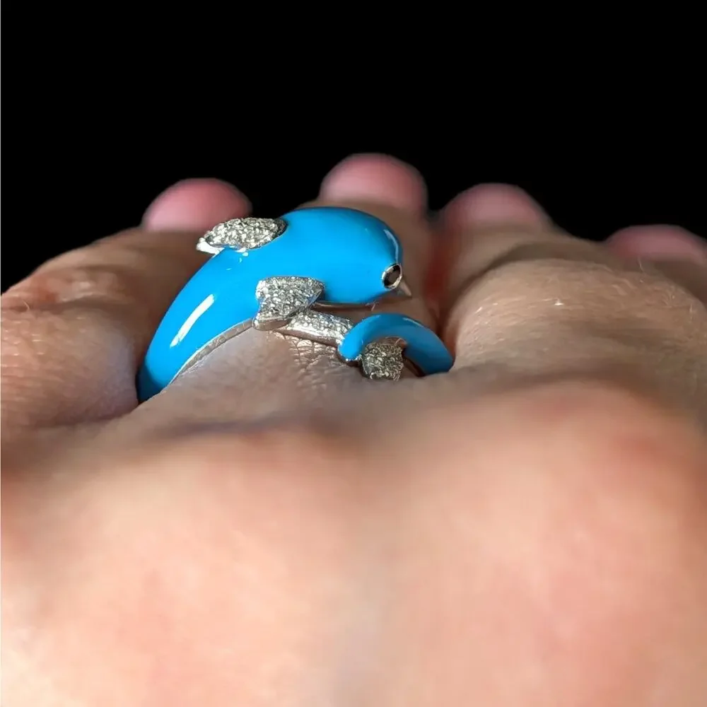 EFFY Dolphin Wrap Ring Diamonds Blue Enamel 14k White Gold New Old Stock